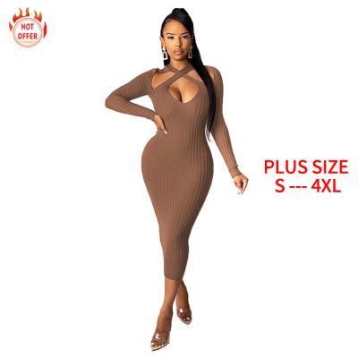 China Sexy Summer Maxi Women Plus Size Long Sleeve Club Dress 2021 Rib Knit Hollow Out Twisted Bodycon Cross Neck Workable Tops for sale