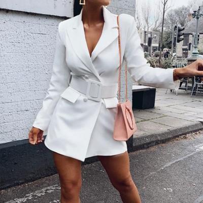 China Hot Fashion Anti-Static Notched Casual Belts Autumn Blazer Top Deep V Breasted Blazer Coat Dress Women Long Sleeve Belts for sale