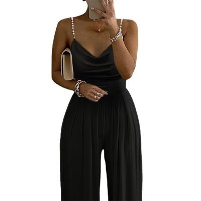 China 100% Polyester Summer Fashion V Neck Halter Pants QUICK DRY Solid Soft Wide Leg Suspenders Sleeveless Overalls for sale