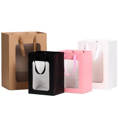 China Factory Wholesale Recyclable Gift Flower Gift Packaging Paper Bags With Transparent Window for sale