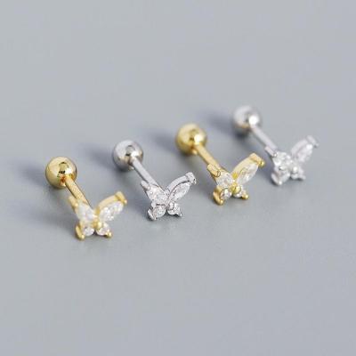 China Cute Silver Minimalist Helix Earring Tiny 925 Zircon Zircon Gold Plated Butterfly Stud Earrings for sale