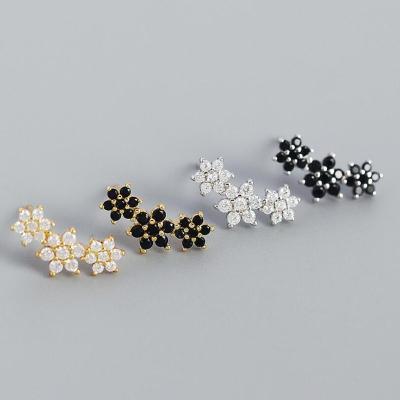 China Cute 925 Silver Gold Plated Wedding Jewelry Zircon Earrings CZ Black Stone Crystal Flower Stud Earrings for sale