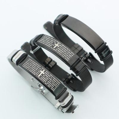 China Men's Bracelets Mesh Watch Belt Adjust Stainless Metal Black Steel Bracelet Bible Cross Jewelry Silver Religious Unisex Design for sale