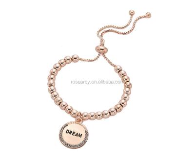 China High Quality Custom Stainless Steel Girls Dream Engraved Adjustable Rhinestone Disc Charm Bead Bracelet for sale