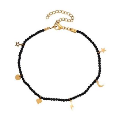 China TRENDY Colorful Natural Stone Beaded Anklet Chain Bracelet Gold Plated Moon Star Heart Lightning Bolt Charms Stainless Steel Women Jewelry for sale