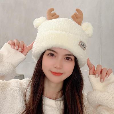 China Breathable & Waterproof Fashion Antlers Design Knitted Cuffed Beanie Hairy Woven Hat Cute Women Winter pom pom Warm Caps for sale