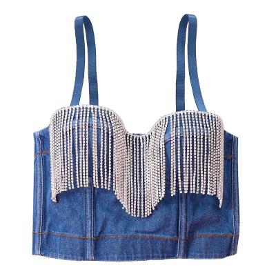 China New girl's sexy lift up regular shinny bustier tube top denim sequin punk style bra denim top women street fashion denim corset top for sale