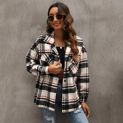 China Checked Oversized Black And White Waterproof Flannel Blazer Shacket Flannel Jacket Women Plaid Shacket for sale