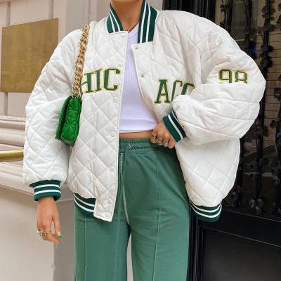 China Breathable Women's Winter Quilted Oversized Loose Patchwork College Patch Embroidery Chicago Varsity Jacket Wholesale White Private Label for sale