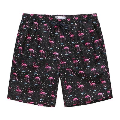 China Breathable Mens Board Shorts Custom Flamingo Printed Fabric Quick-Drying Mens Beach Shorts Swim Trunks Mens Beach Shorts Bulk for sale