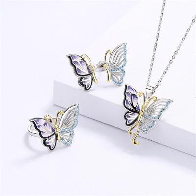 China Free Shipping Fee Nickel Free For Hot Sale Retro Palace Gold Oil Painting Butterfly T Necklace Earring Set for sale