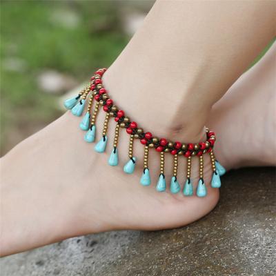 China New FASHIONABLE Beach Dangle Anklet Turquoise Droplet Wax Thread Border Thai Hand - Woven Bohemian Shoes for sale