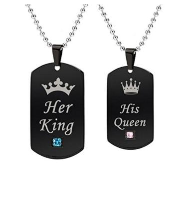 China Nickel Free Her KING Her QUEEN Necklace Couple Crown Crystal Diamond Pendant Necklace Set for sale