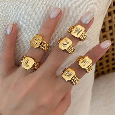 China Other Gift Zircon Ring Letter Finger Open Gold Plated 26 Rings Initial Jewelry for sale