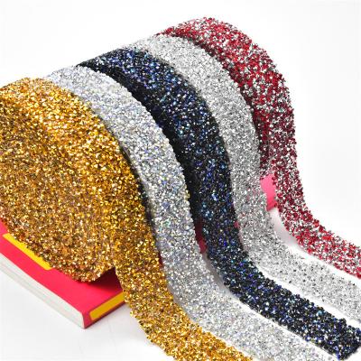 China Shinning Diamond Hot Fix Rhinestone Trim Lace Heat Transfer Glue Ribbon Bridal Applique Trim For Wedding Dress for sale