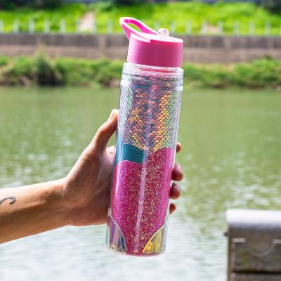 China Vivid Logo 20oz BPA Free Glitter Custom Plastic Sipper Water Bottle Double Wall With Straw for sale