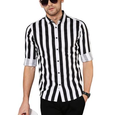 China Anti-pilling men fashion casual black white stripe overshirt OEM streetwear plus size long sleeve shirts for sale