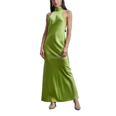 China 2022 Anti-Static Customized Green Floor Length Maxi Evening Dinner Fabric Elegant Silk Satin Fabric Dresses for sale