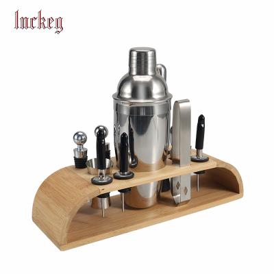 China Durable Cocktail Bartender Kit Bar Tools Set Martini Shaker Set With Stylish Bamboo Wooden Stand for sale