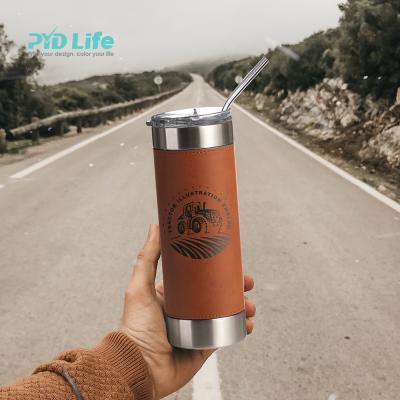 China PYD Viable Life Leather Sleeve 20 Ounce Popular Tumbler Cups Laser Logo Stainless Steel Travel Skinny 600ml With Straw for sale