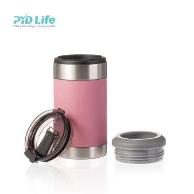 China PYD Sustainable Life 12 Ounce Laser Logo Outdoor Western 350ml Can Cooler Stainless Steel Box Cooler Beer Holder Mug With Leather Sleeve for sale