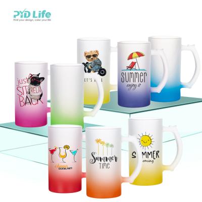 China PYD 16 Ounce Matte Frosted Sublimation Beer Mug Gradient Color Rain Glass Rainbow Life Drinking Glass Mug With Handle for sale