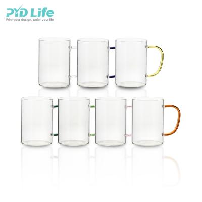 China Hot Sale 12 Ounces High Quality PYD Sustainable Life 360ml Sublimation Clear Glass Coffee Mug With Color Handle for sale