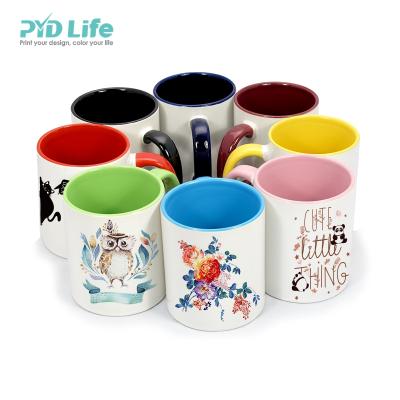 China EXW Factory Life Viable Price Fast Shipping PYD Sublimation 11oz Custom White Ceramic Coffee Mug With Colored Interior And Handle for sale