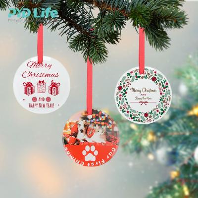 China Wholesale 100 PCS DIY Sublimation Photo PYD Life 3 Inch Round Frosted Empty Sublimation Glass Custom Ornaments Sublimation With Red Ribbon for sale