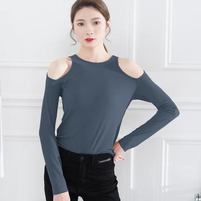 China Spring 2021 Small Round Neck Leakage Sleeves Loose T-Shirt Top Women's Breathable Base Round Hollow-out Shoulder Top Solid Color for sale