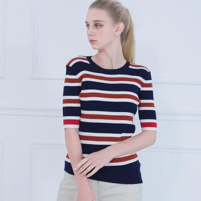 China Korean Women's Anti-wrinkle Spring Striped Round Neck Thin Five-point Sleeve Half Sleeve Woolen Sweater for sale