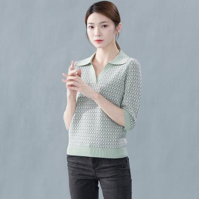 China 2021 Autumn Medium-Sheathed Casual Lapel Plaid Sleeves V-Neckline Age-Reduction Three-Quarter Reduction Knit Sweater Ladies Foreign Style Blouse for sale