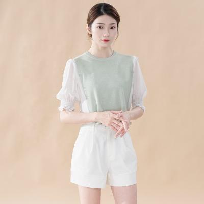 China 2021 Large Size Breathable T-shirt Women's Stitching Round Neck And Chiffon Sleeves New Age Reduction Knitted Loose Top Summer for sale