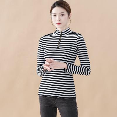 China Factory Wholesale Anti-Wrinkle T-shirt Pure Cotton Stretch Thin Long Sleeve Zipper Neck Half Striped Half Shirt for sale