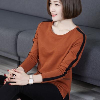 China 2021 Korean Big Spring Tops Anti-wrinkle Women's Round Neck Cotton Splicing Long Sleeve T-shirt Bottoming Loose for sale