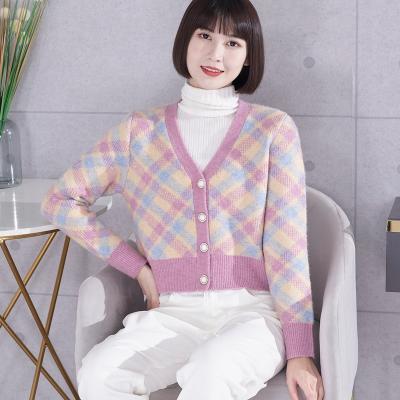 China Color breathable plaid V-neck loose long-sleeved knit 2021 autumn plus size women's cardigan casual jacket Korean version for sale