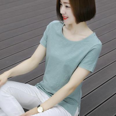 China Anti-wrinkle summer plain wicking cotton round neck T-shirt ladies top short sleeve large size loose round top for sale