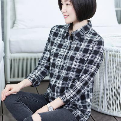 China 2021 Fashion Women's Plaid Long Sleeve Anti-Shrink Cotton Wholesale Ladies Casual T-Shirt for sale