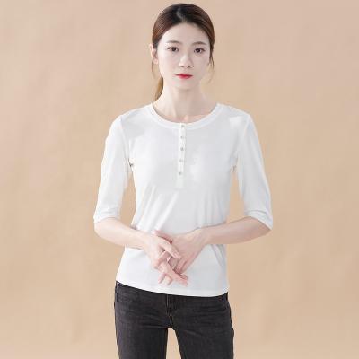 China Anti-wrinkle new 2021 spring soft modal round neck basing shirt women korean style button sleeve slim T-shirt women for sale