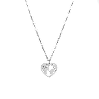 China Cute Heart Map Necklace Stainless Steel Travel The World Map Pendant Necklace 20mm Like Valentine's Day Wishlist for sale