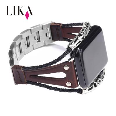 China LIKA New Classical Wristband Stainless Steel Smart Apple Watch Band Genuine Leather Watch Band Strap for sale