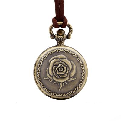 China Durable Rose Pocket Watch LIKA Ancient Genuine Leather Cord Rose Bronze Bracelet Embossed Round Pendant Pocket Watch for sale