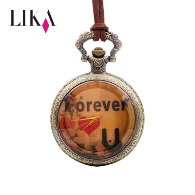 China Pure Men Women Retro Lika Bracelet PU Color Dancing Necklace Vintage Alloy Around Pocket Watch Glass Necklace For Lovers Gift for sale