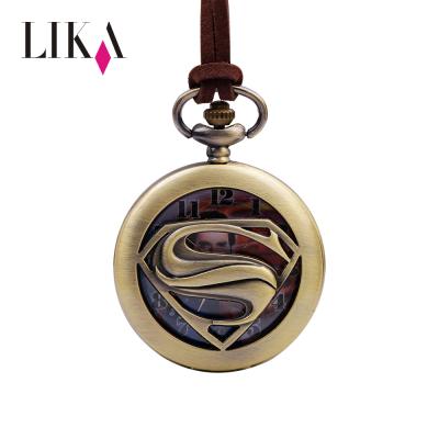 China Durable Round Pocket Watch LIKA Fashion Wool Chain Rope Superman Symbol Embossed Brass Quartz Necklace Electronic Pocket Watch For Men for sale