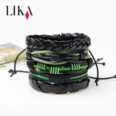 China LIKA High Quality Braid Adjustable Metal Clasp Bracelet Stacking Bracelet Black Leather Set for sale