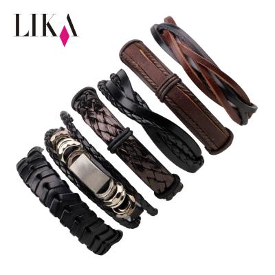 China LIKA Woven Punk PU Youthful Style Handwoven Suit 6pcs Simple Design Metal Clasp Bracelet Jewelry Set Diy Leather Bracelet for sale