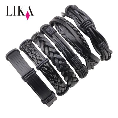 China LIKA Men 6 Pcs Metal Clasp Bracelet Custom Rock Roll Multilayer Adjustable Black Braided Leather Bangles&Bracelet Set for sale