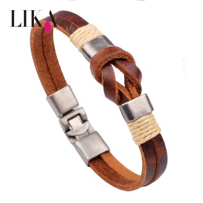 China High Quality Cheap Genuine Cowhide Leather Mens Brown Leather Wrap Magnetic Clasp Bracelet for sale