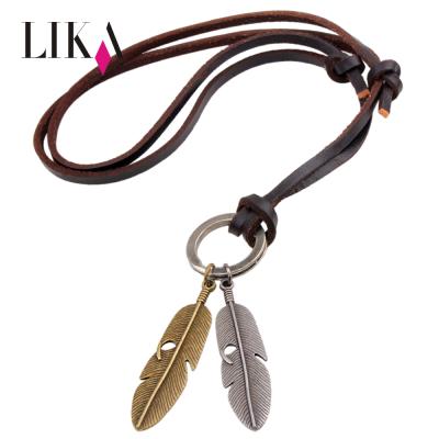 China LIKA Vintage Leather Cord Jewelry gold pendant necklace antique bronze feather pendant necklace antique silver bronze for sale