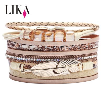 China LIKA Magnetic Magnetic Clasp Clasp Crystal Stones Alloy Feather Charm PU Leather Multilayer Bracelet for Charms for sale